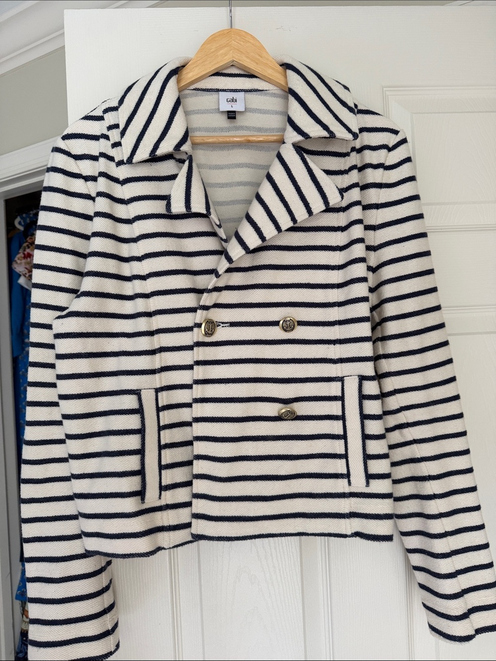 CAbi Navy and White Striped Double-Breasted Peacoat